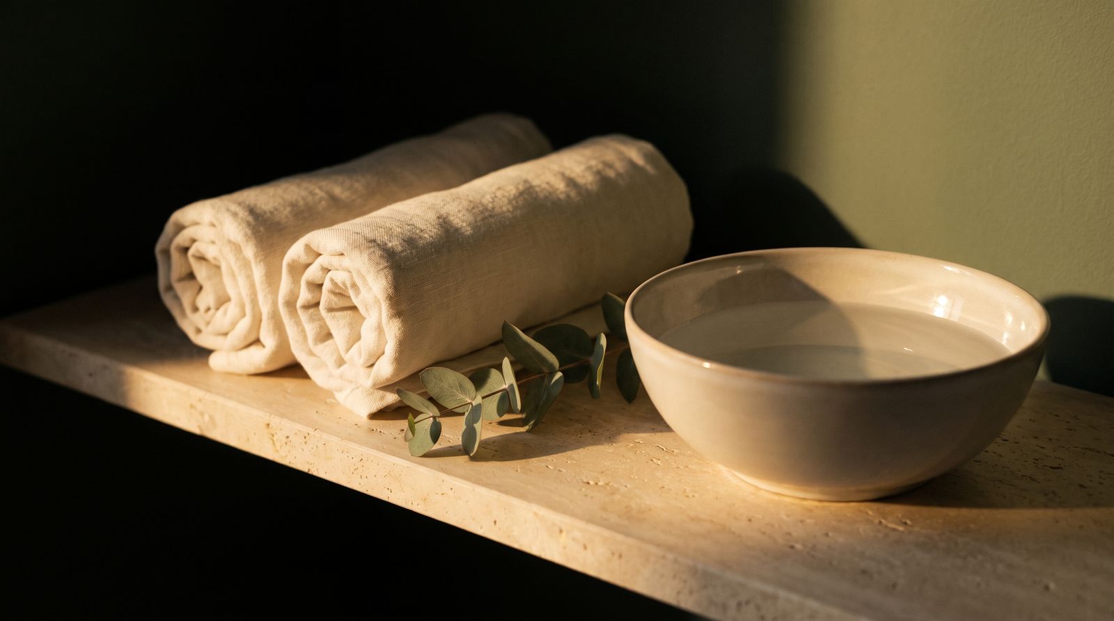 Warm spa still life — towels and water bowl